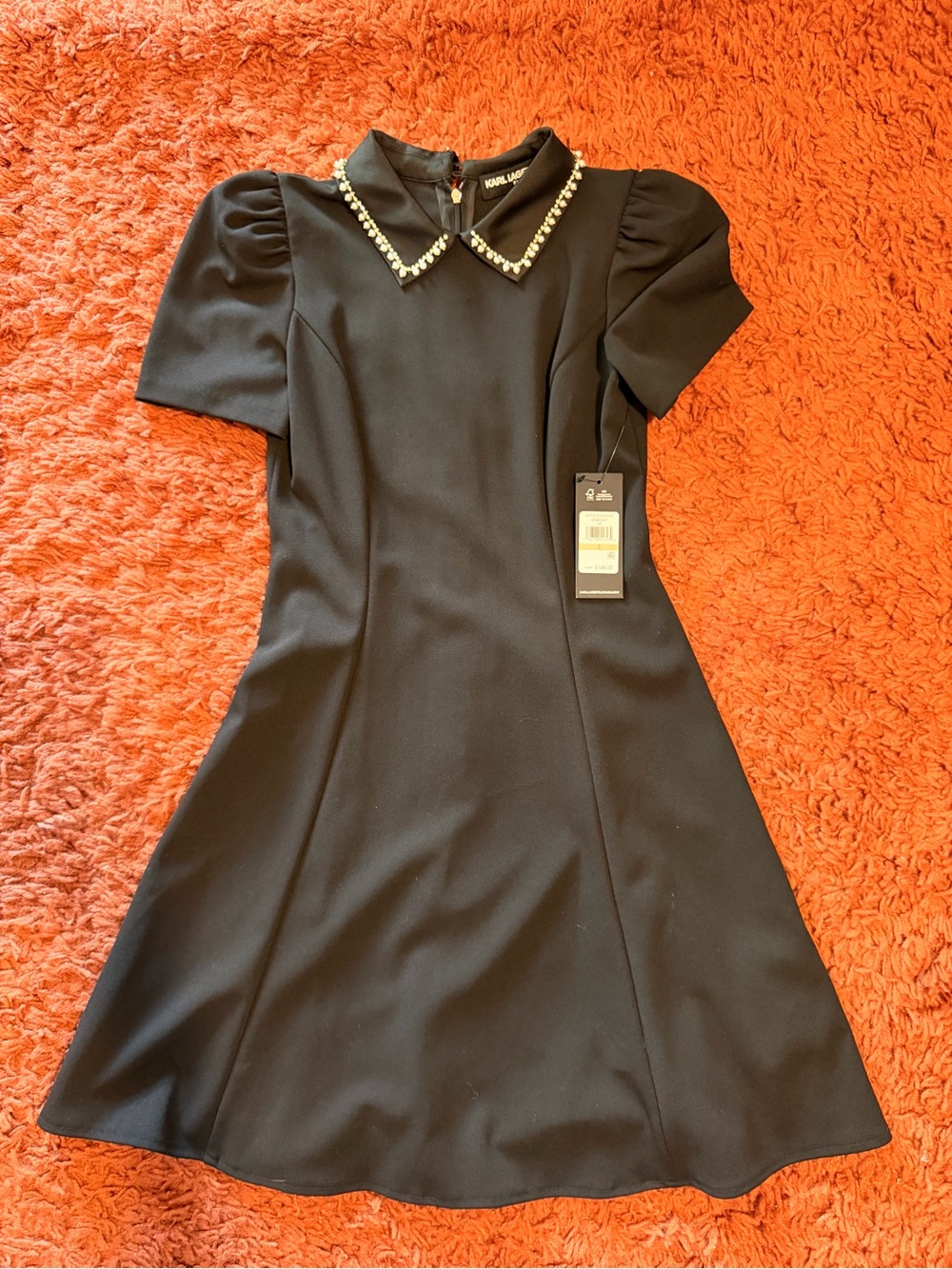 Karl Lagerfeld Black Short-Sleeve A-Line Dress with Pearl-Trim Collar